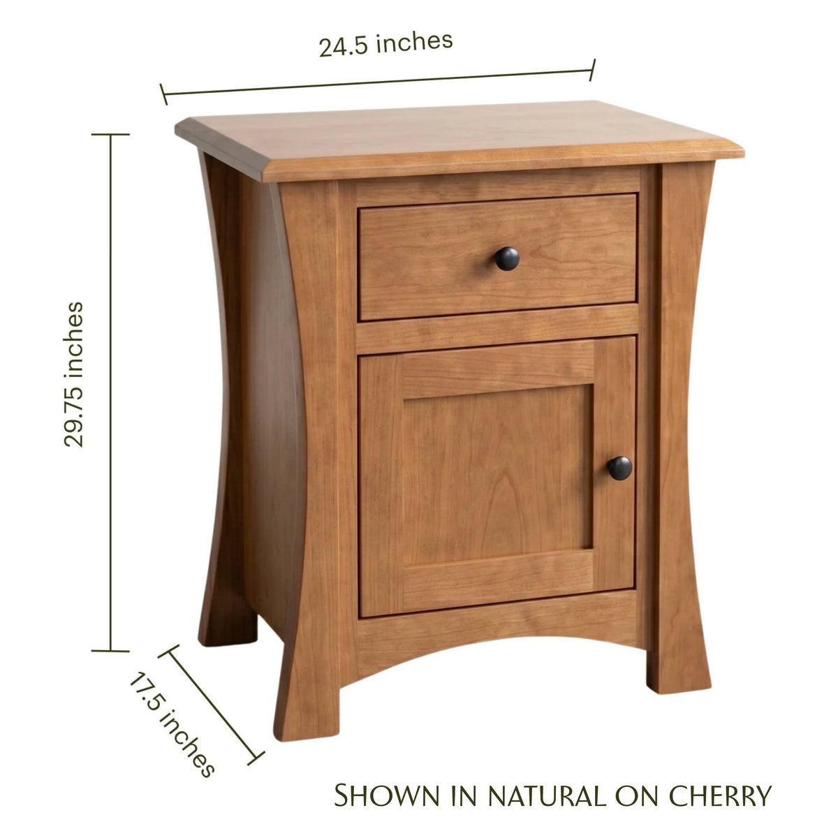 Contemporary cherry wood nightstand with drawer, cabinet, and dimensions shown.