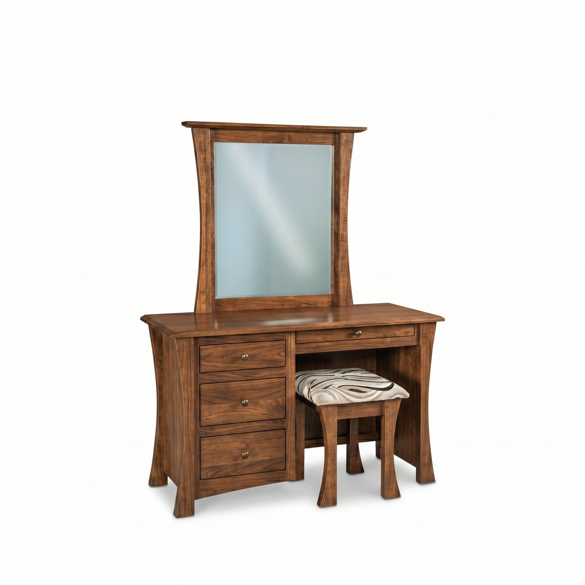 Contemporary wooden vanity set with matching mirror and patterned cushioned stool