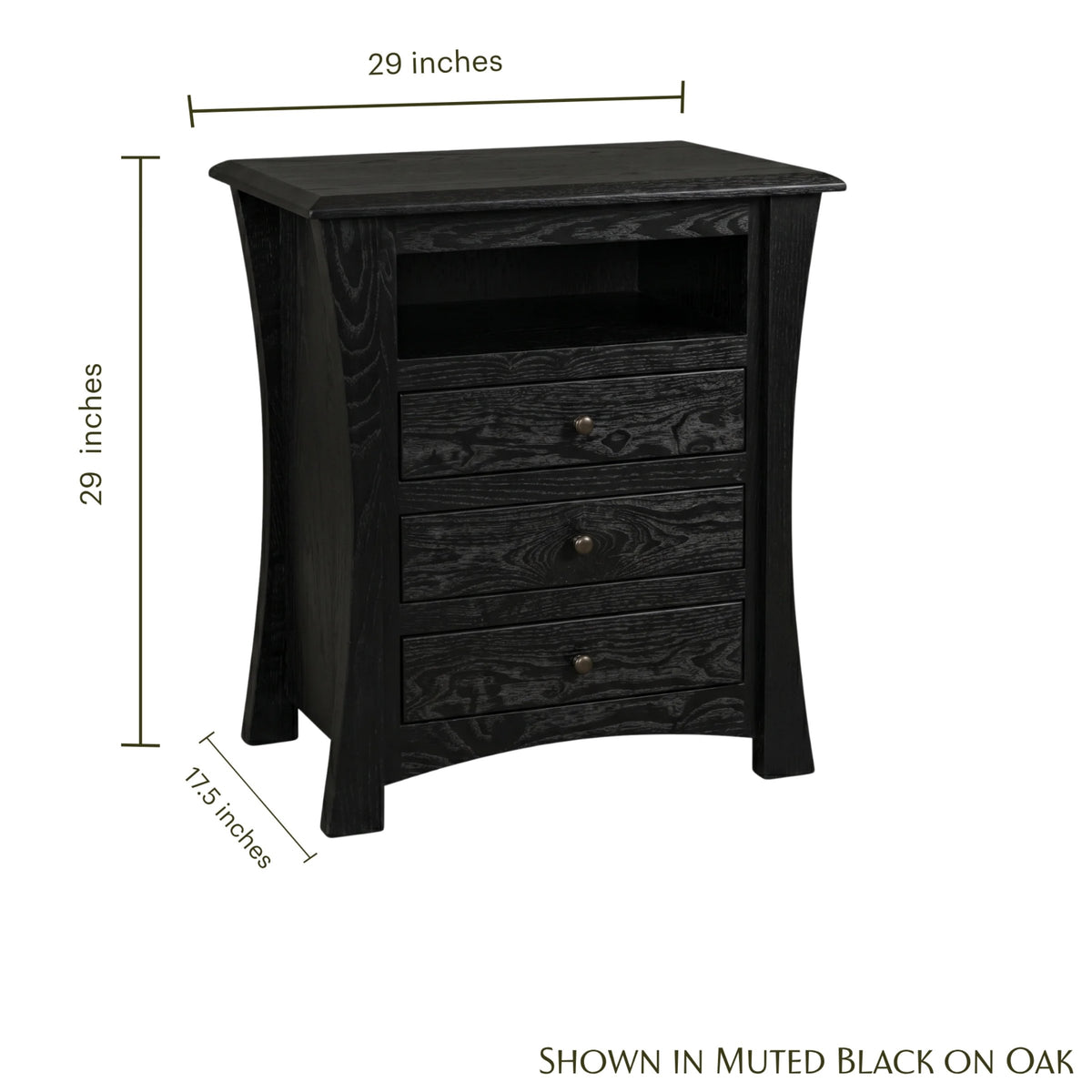 Contemporary black oak nightstand with three drawers and open shelf, showing dimensions.