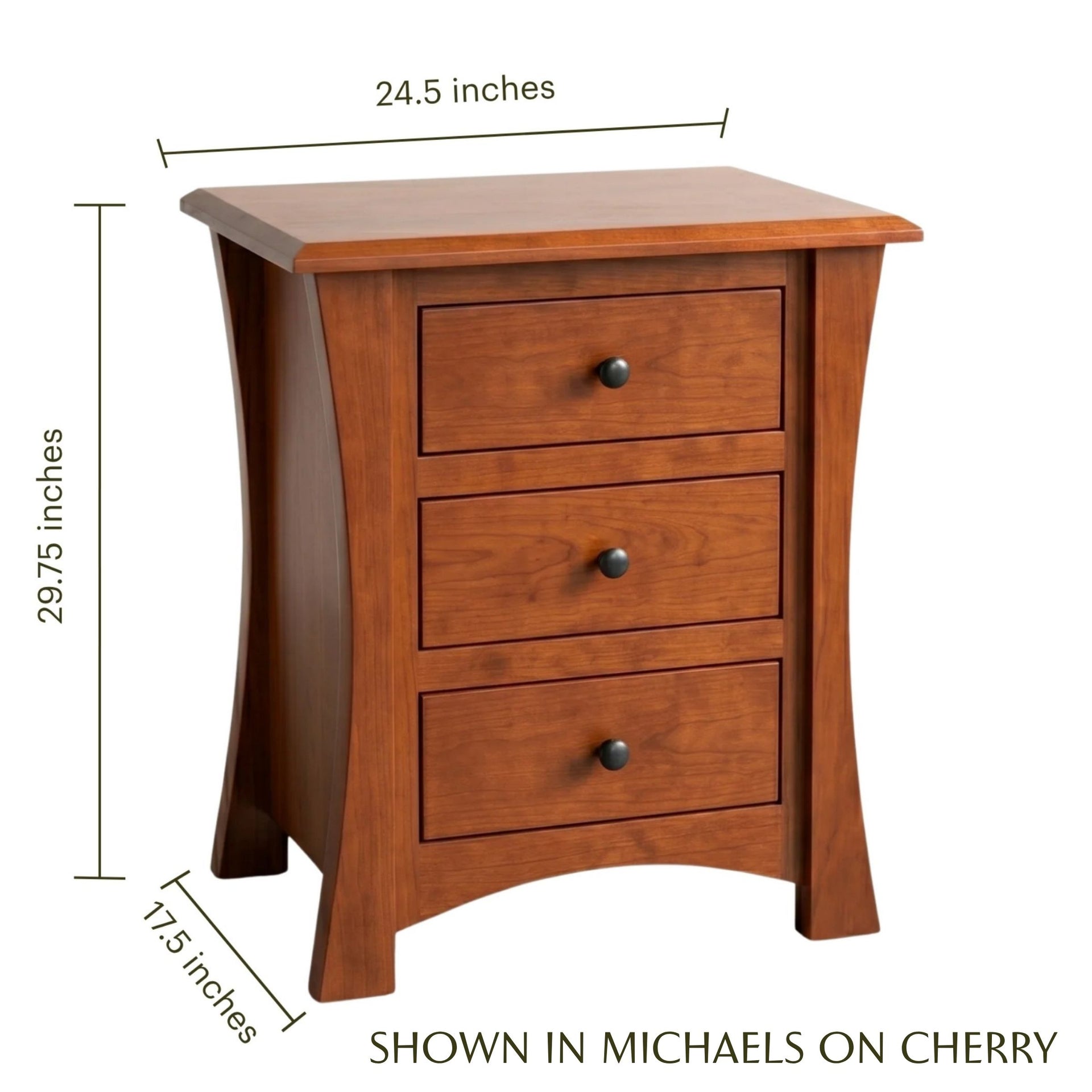 Contemporary cherry wood nightstand with three drawers and dimensions shown.