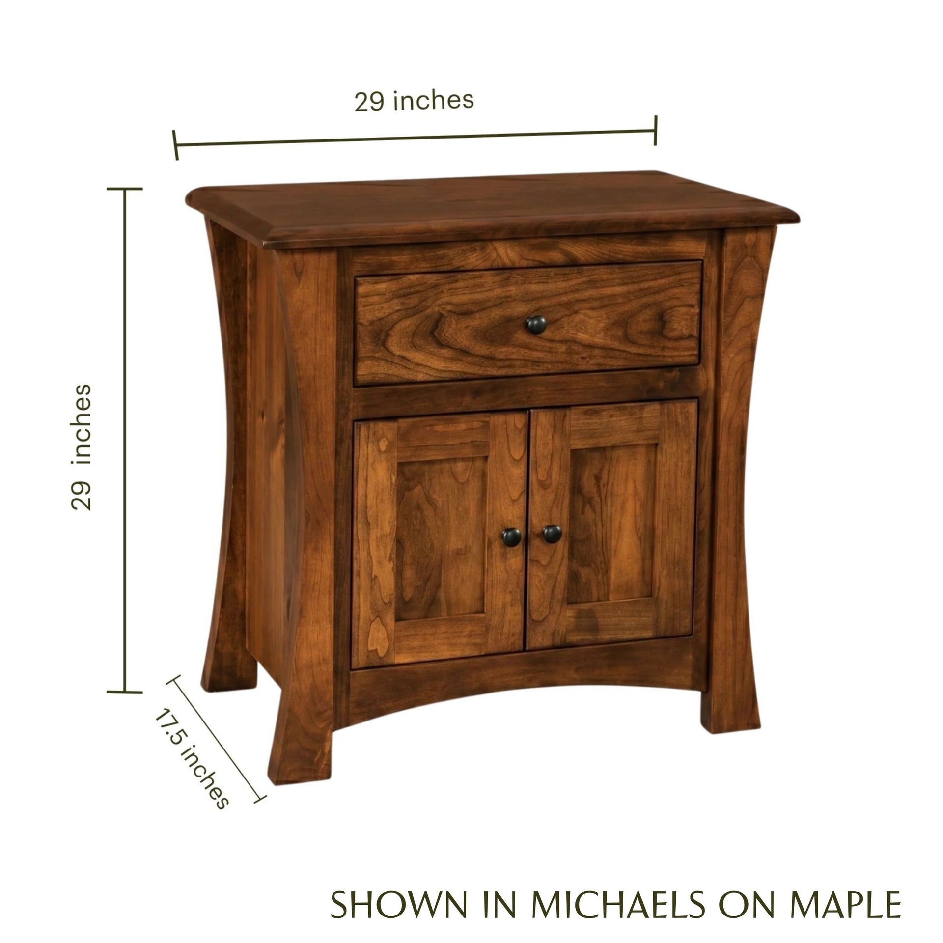 Contemporary wide nightstand in brown maple wood with dimensions shown