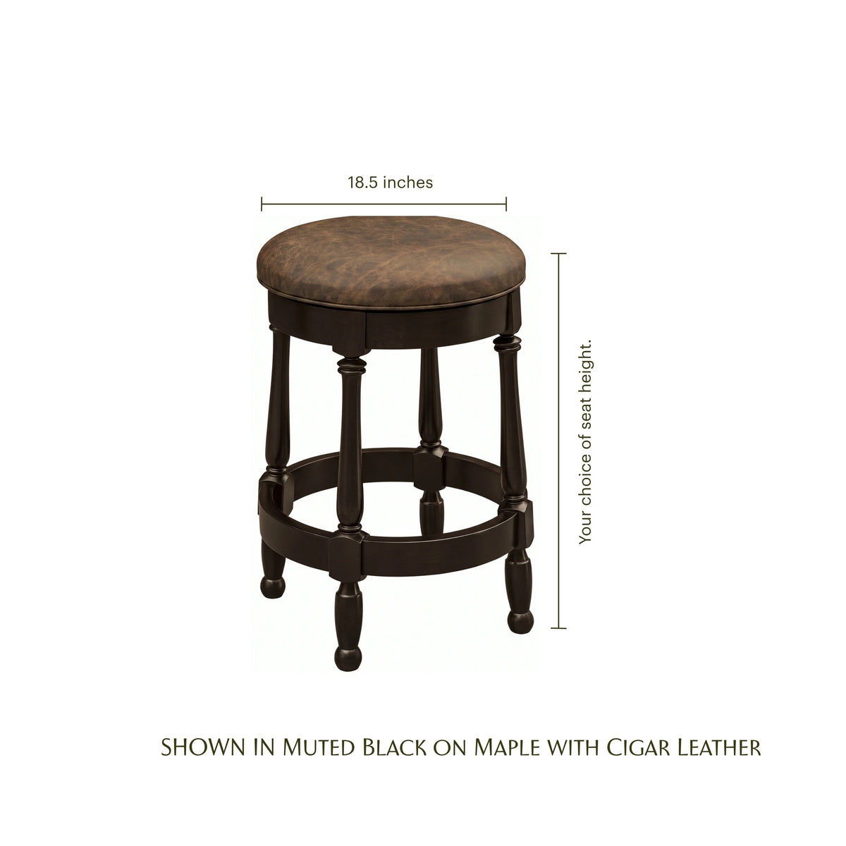 Cosgrove swivel barstool in muted black maple wood with a brown cigar leather seat.
