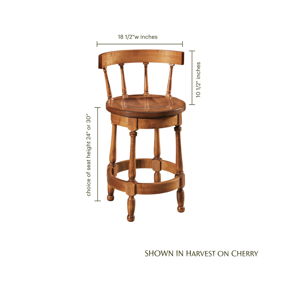 Cosgrove swivel barstool in harvest on cherry wood with dimensions shown