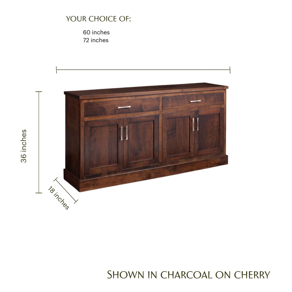 Crawford cherry wood buffet in charcoal finish with dimensions shown