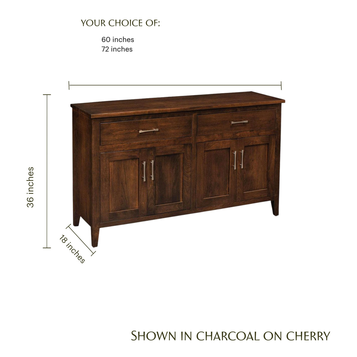 Crawford cherry wood buffet cabinet in charcoal finish with dimensions.