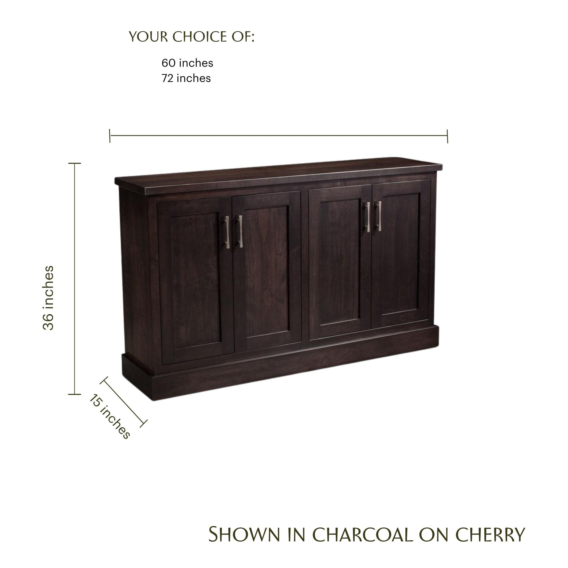 Crawford Credenza in charcoal cherry wood with dimensions of 36 inches high and 15 inches deep.