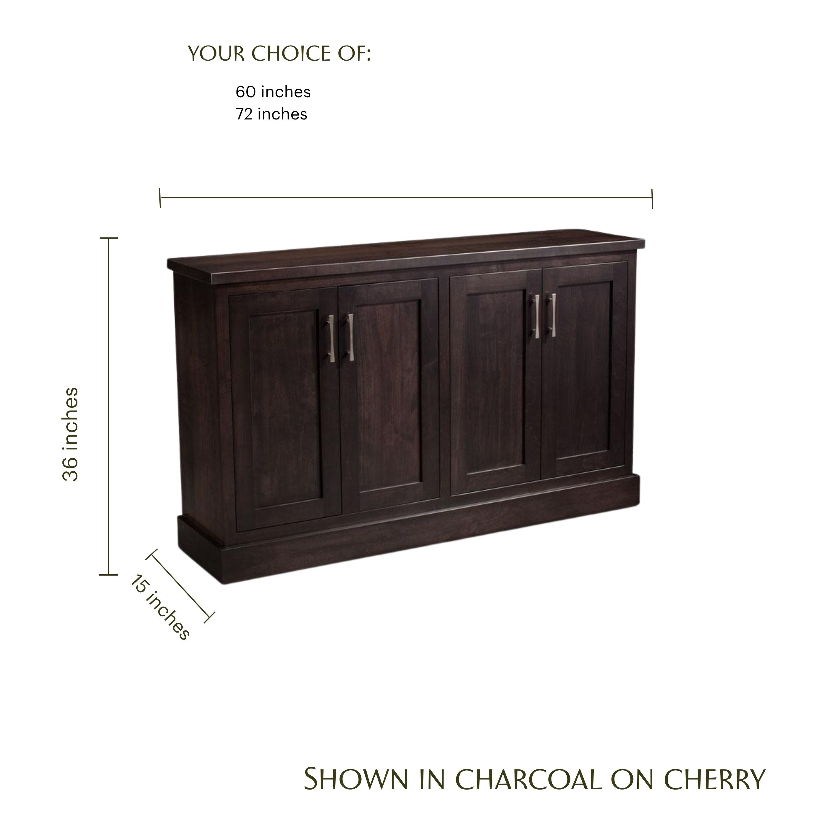 Crawford Credenza in charcoal cherry wood with dimensions of 36 inches high and 15 inches deep.