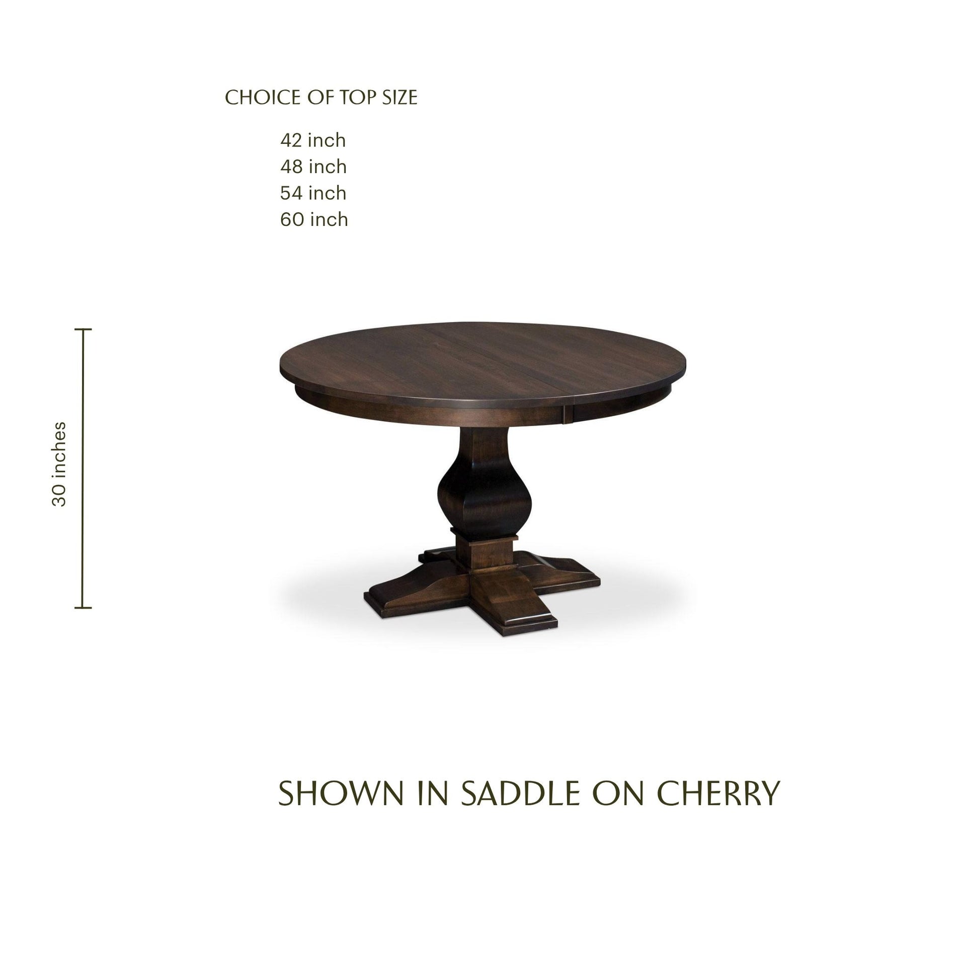 Crawford round cherry wood single pedestal dining table in a dark saddle finish