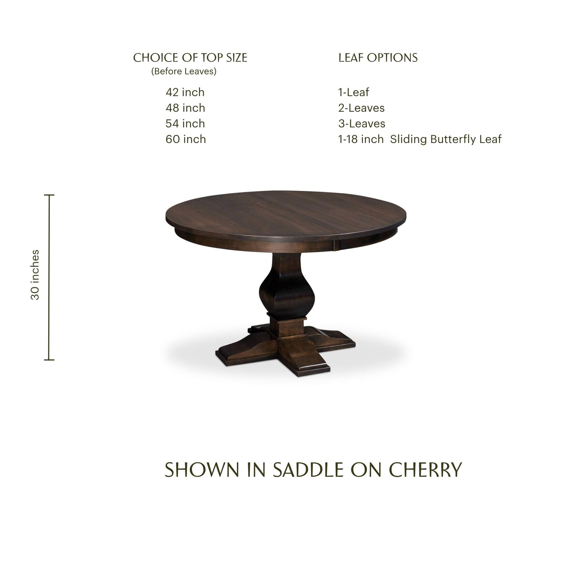 Crawford round cherry wood single pedestal dining table in saddle finish with size options.