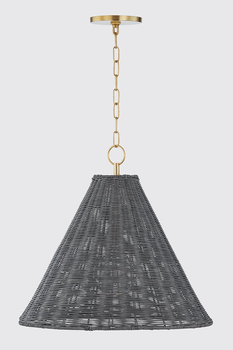 Destiny Pendant light with a gray woven wicker cone shade and aged brass chain.