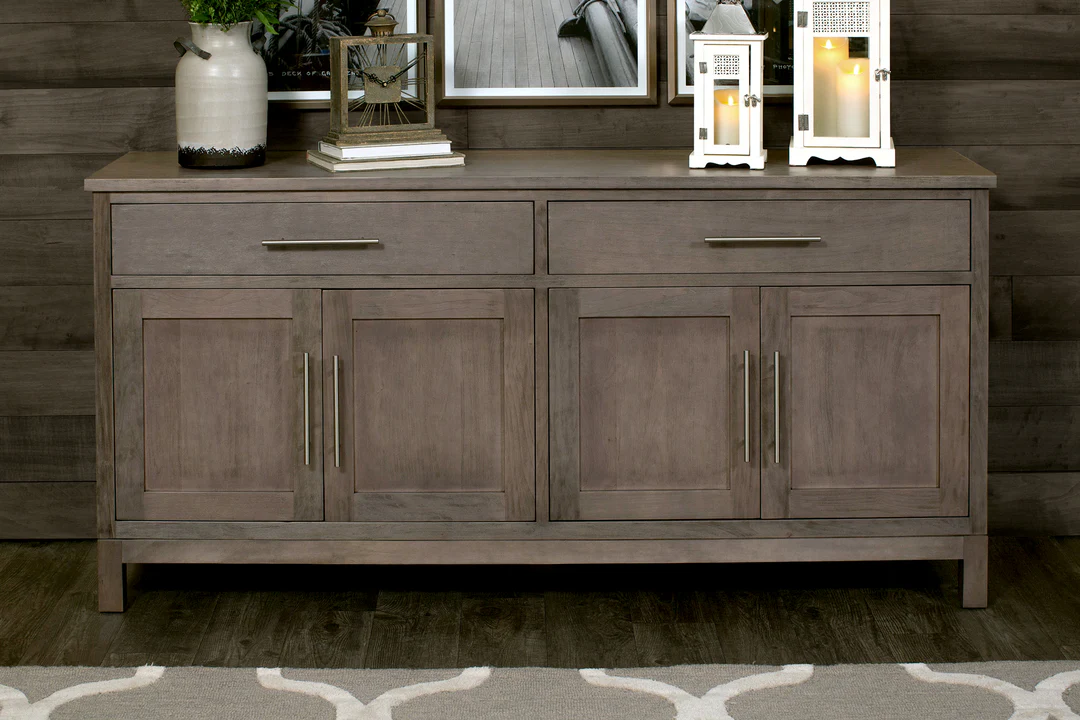 Auburn Bay wooden buffet in a grey driftwood finish with metal handles