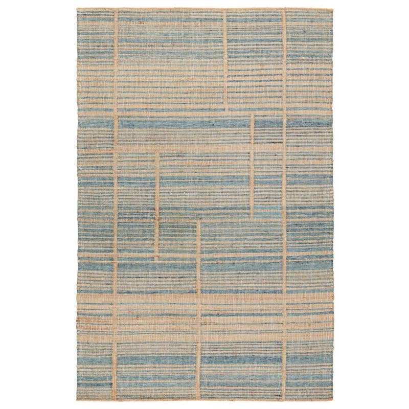 Dorada handwoven wool and jute rug with a blue and natural beige geometric grid pattern.