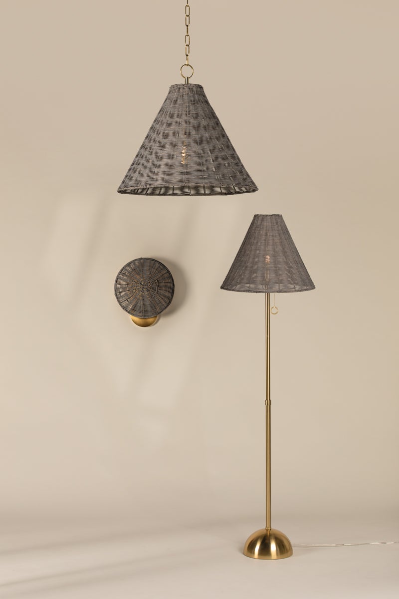 Destiny floor lamp, pendant, and sconce with gray wicker shades and aged brass accents