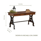 Douglass cherry wood writing desk with black metal legs and dimensions.
