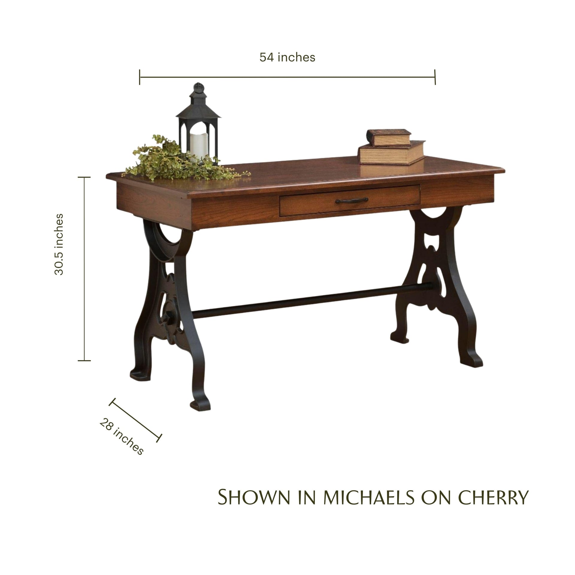 Douglass cherry wood writing desk with black metal legs and dimensions.