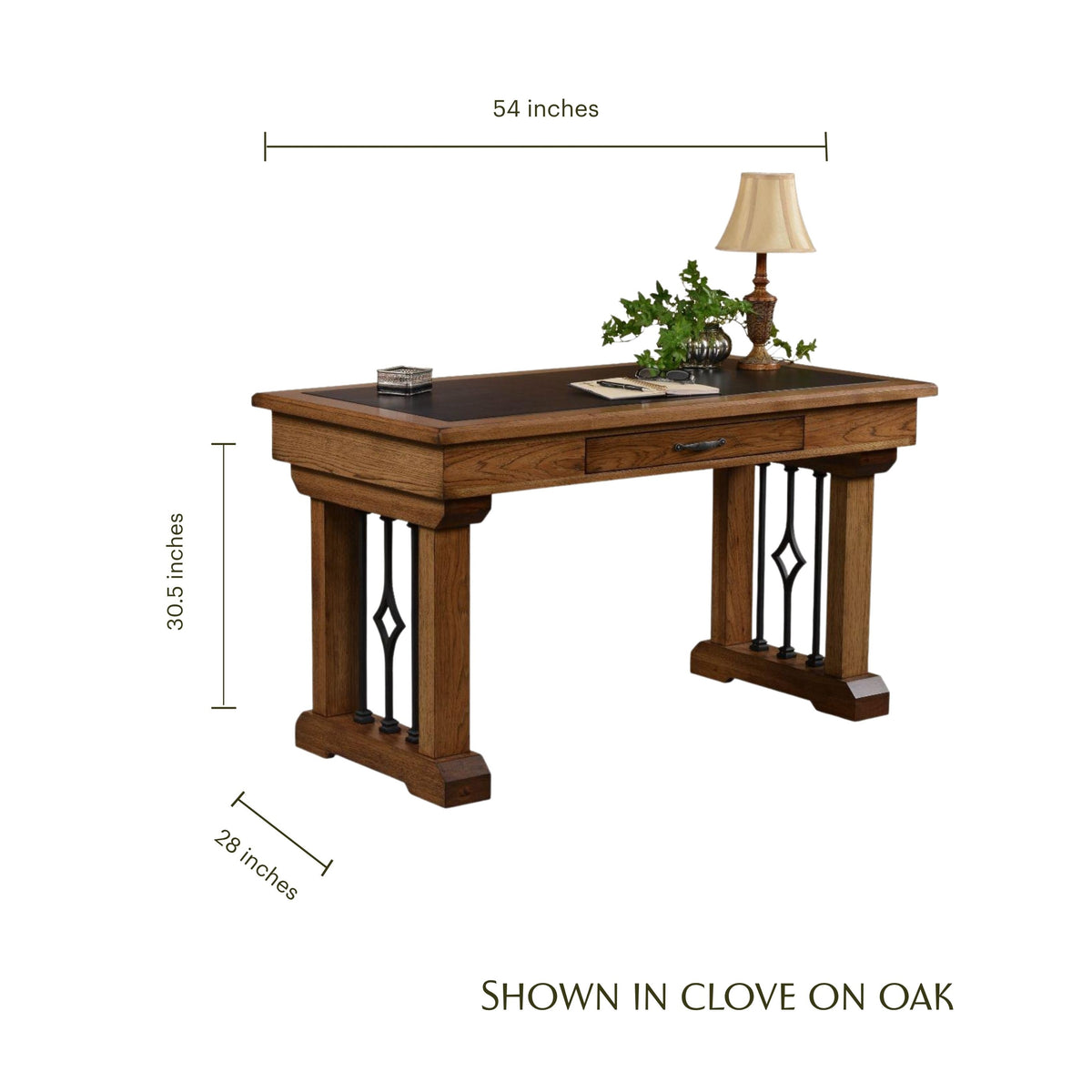 Eckstein writing desk in clove on oak with black leather top and dimensions.