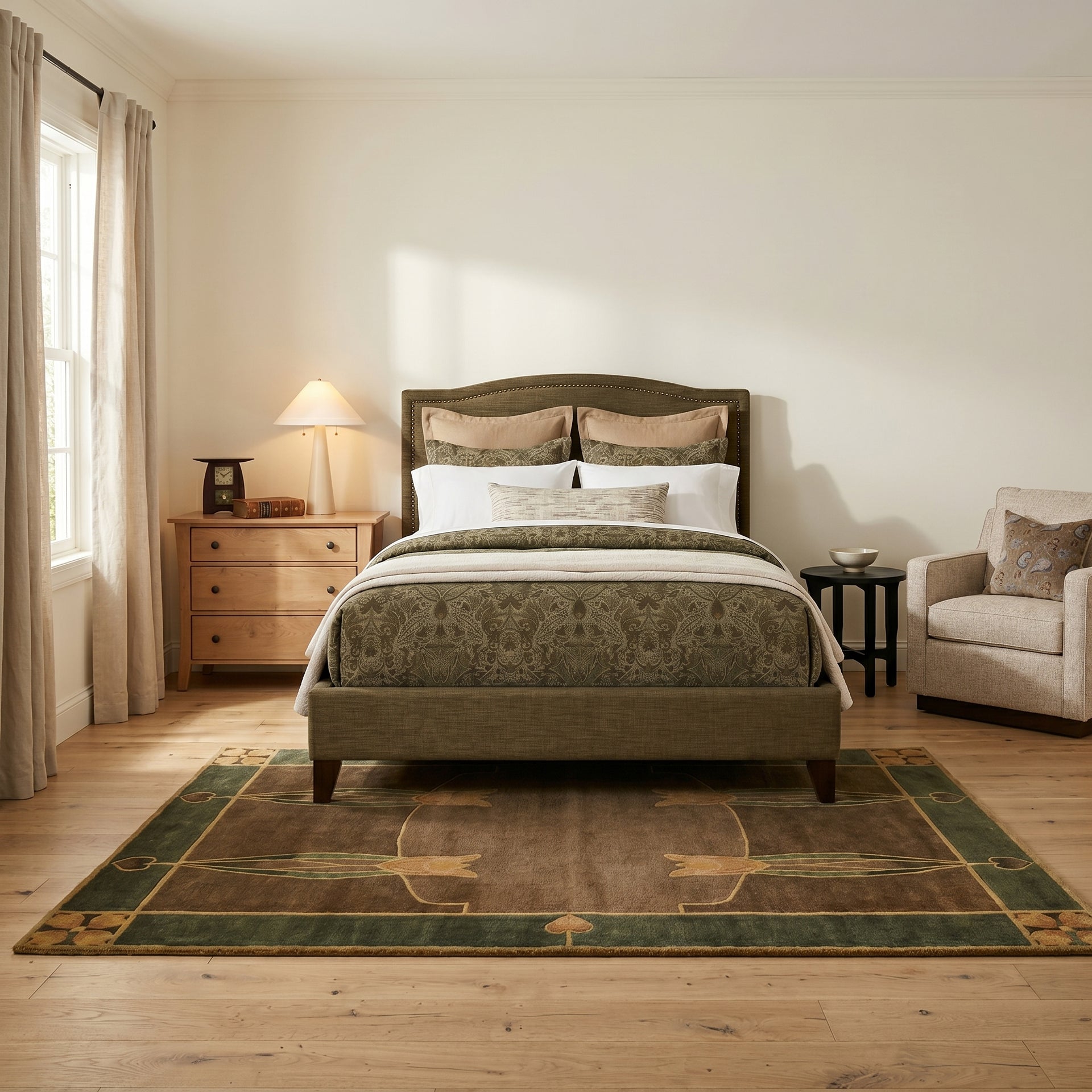 Elise upholstered bed in olive green fabric with espresso legs in a cozy bedroom setting