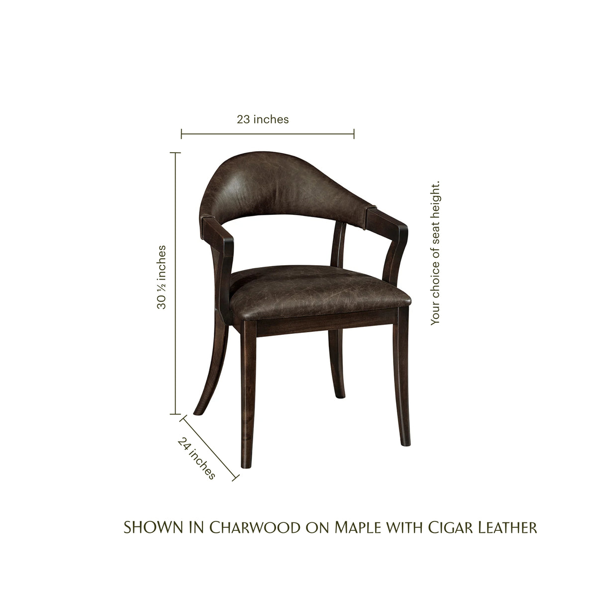 Elliott Arm Chair in charwood maple with cigar leather upholstery, featuring dimensions.