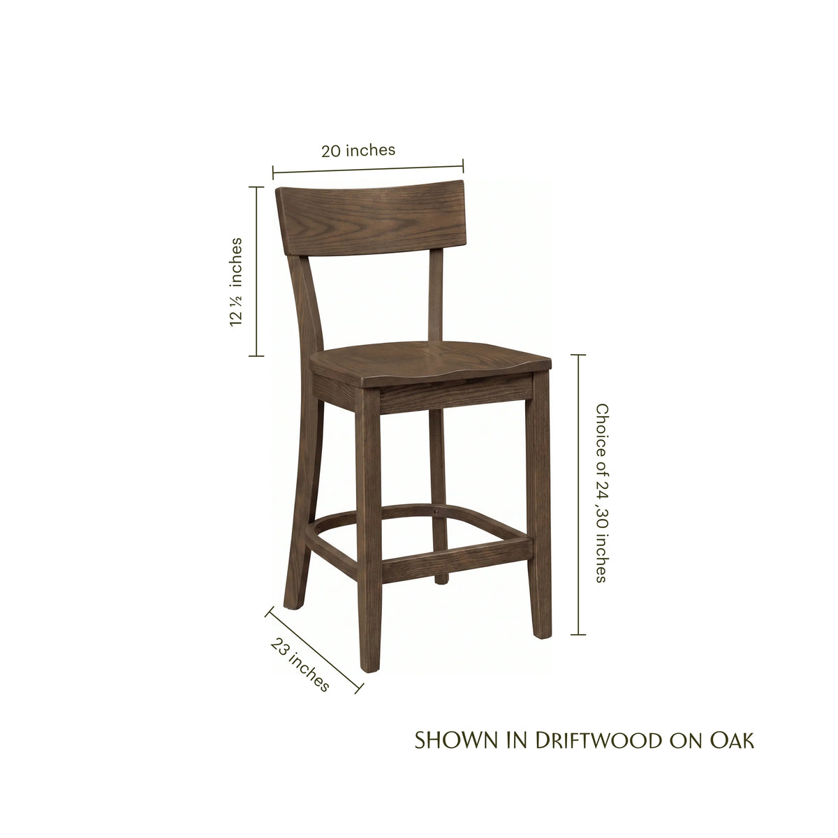 Emerwood wooden bar chair in driftwood on oak with product dimensions shown