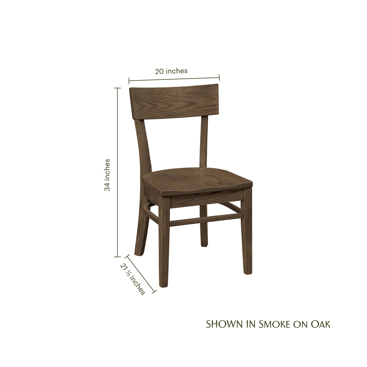 Emerwood Side Chair in smoke on oak wood with dimensions: 34" height, 20" width, 21.5" depth.