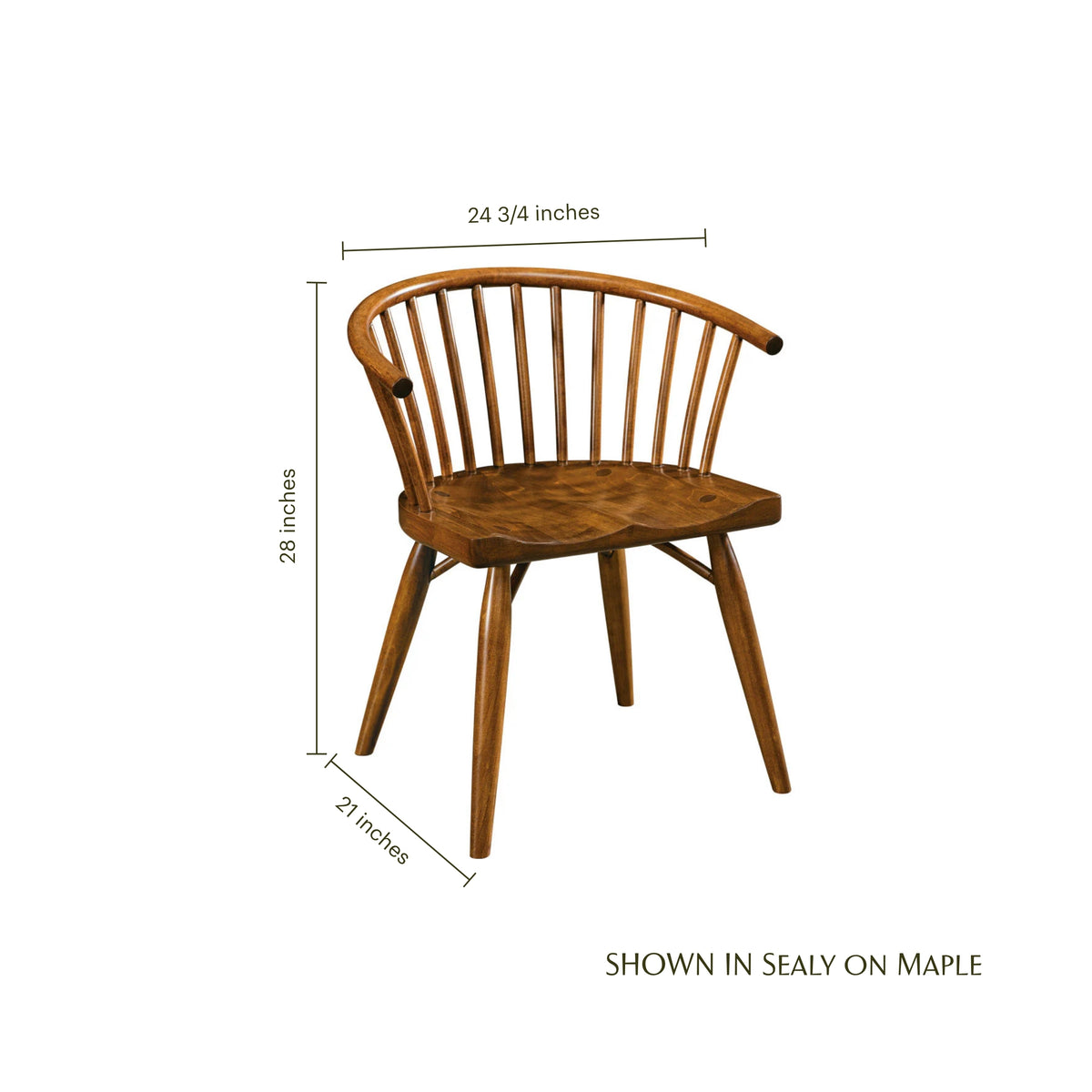 Espin maple arm chair in Sealy finish with dimensions: 28" height, 24 3/4" width, 21" depth.