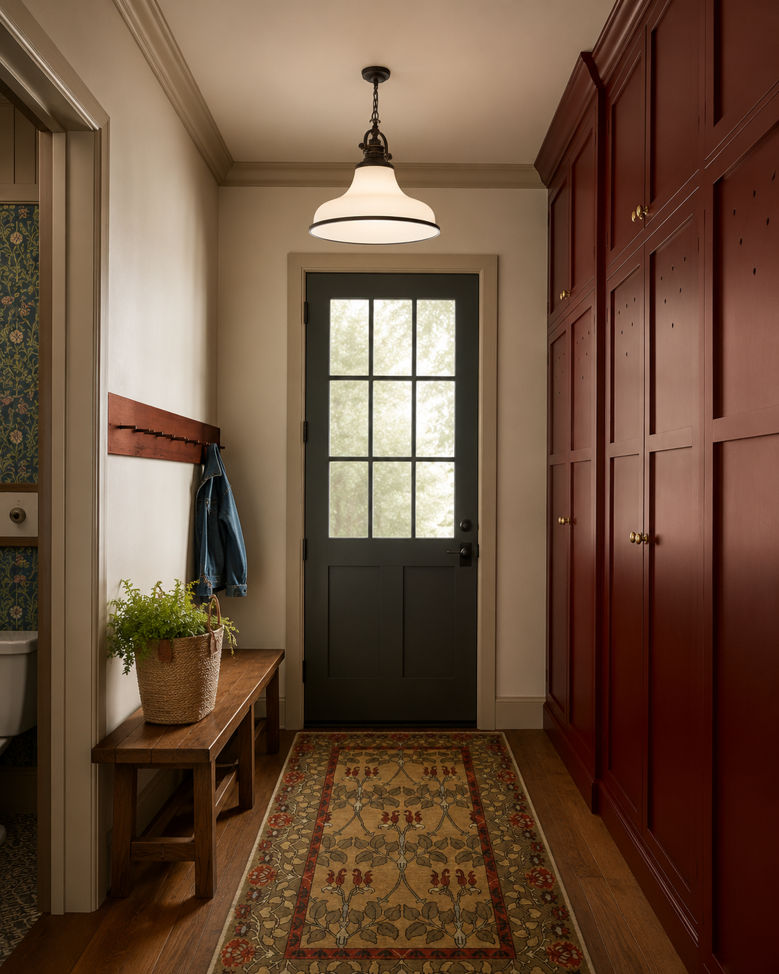 Teton wooden dining bench in a mudroom entryway with red cabinets