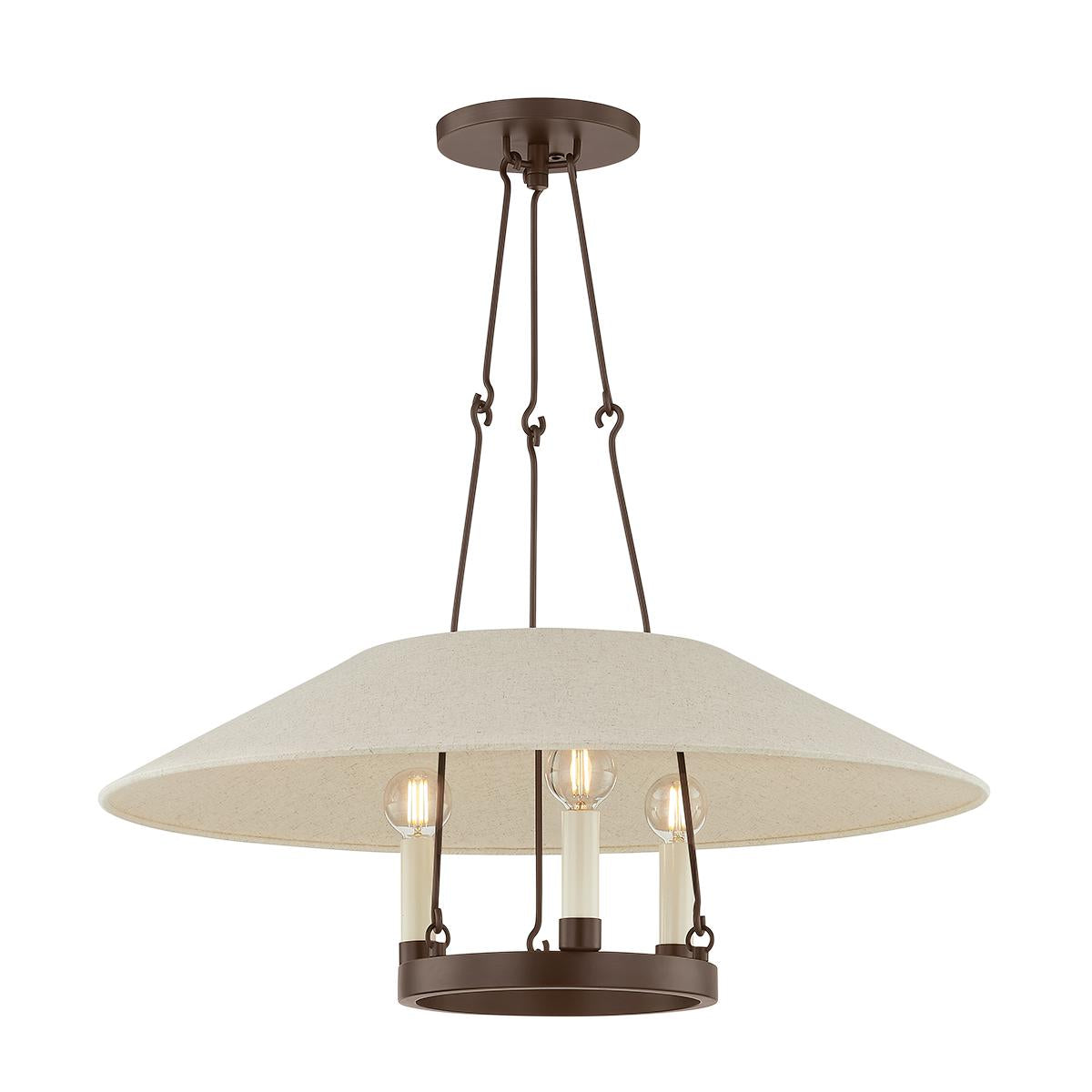 Archive bronze ring chandelier with cream linen shade and candle-style lights.