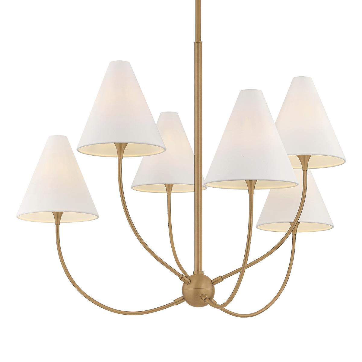 Evermore 6-light brass chandelier with arcing arms and tapered white linen shades.