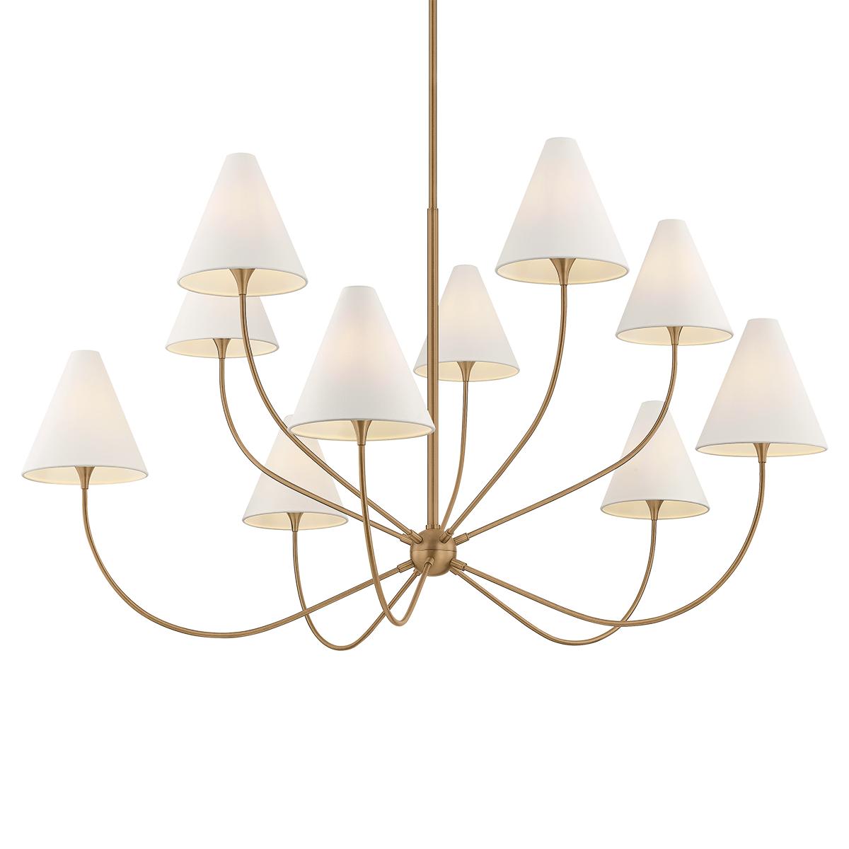 Evermore 10-light brass chandelier with arcing arms and white tapered shades.