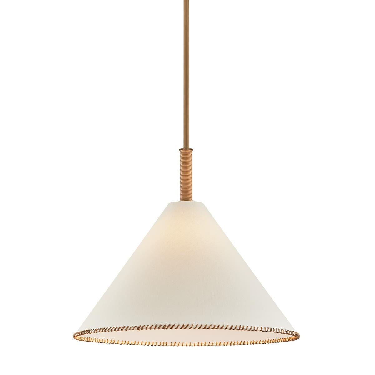Stoney conical white linen pendant light with whip-stitched edge and brass stem with jute wrap.