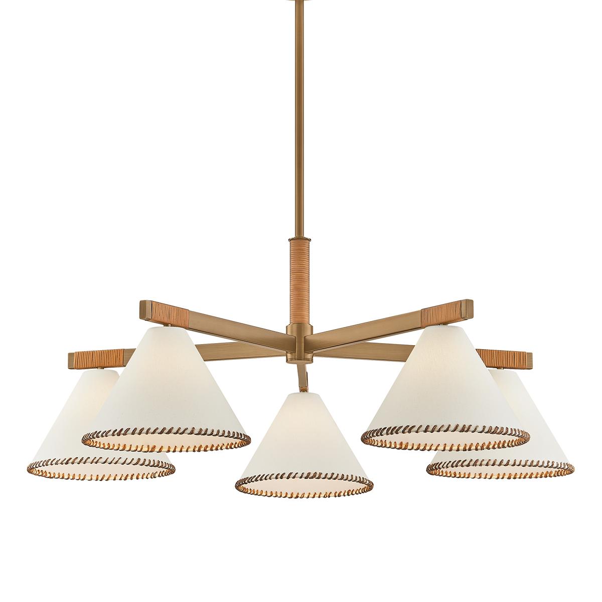 Stoney 5-light brass chandelier with whip-stitched white linen shades and jute details.