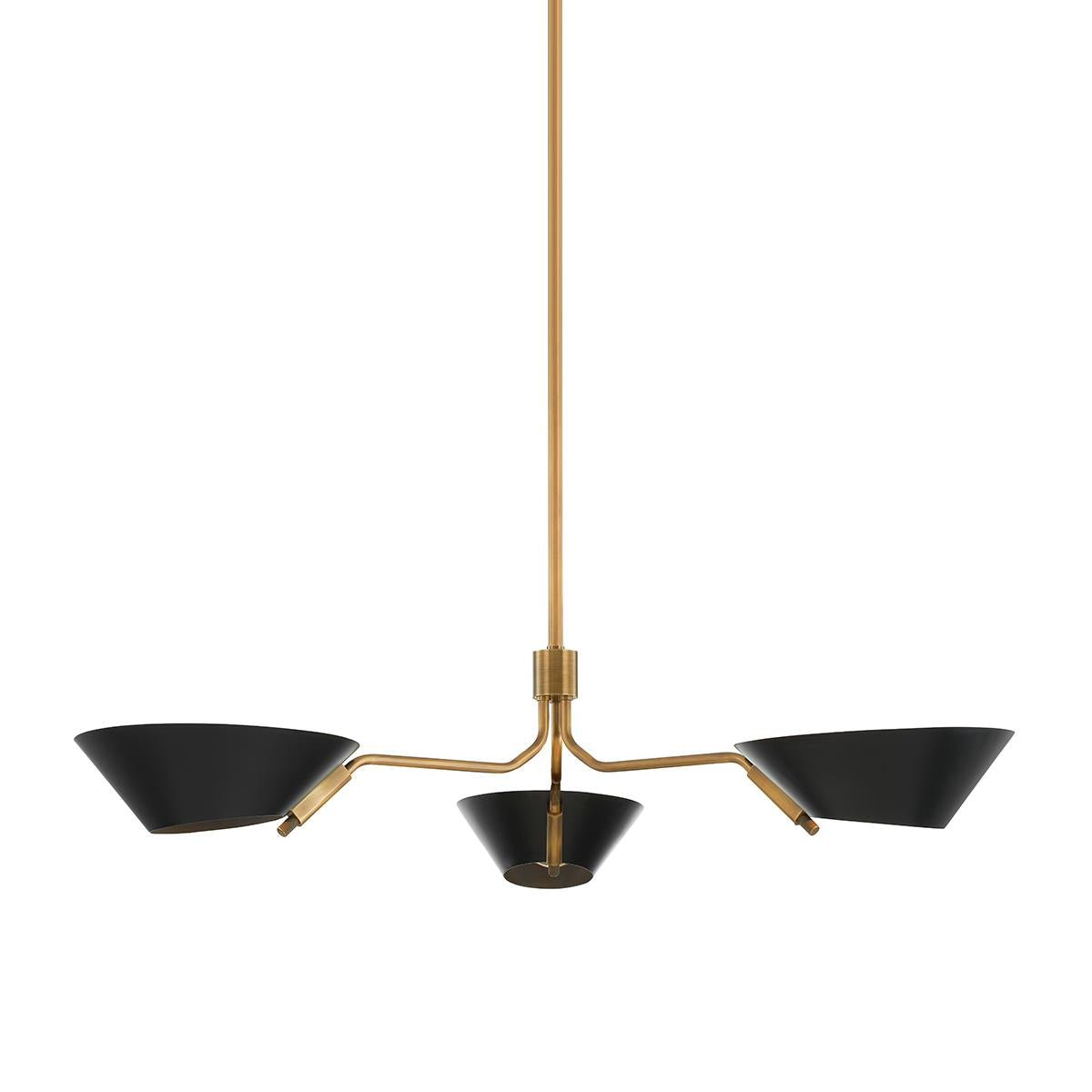 Sacramento chandelier with brass arms and three flared black metal shades.