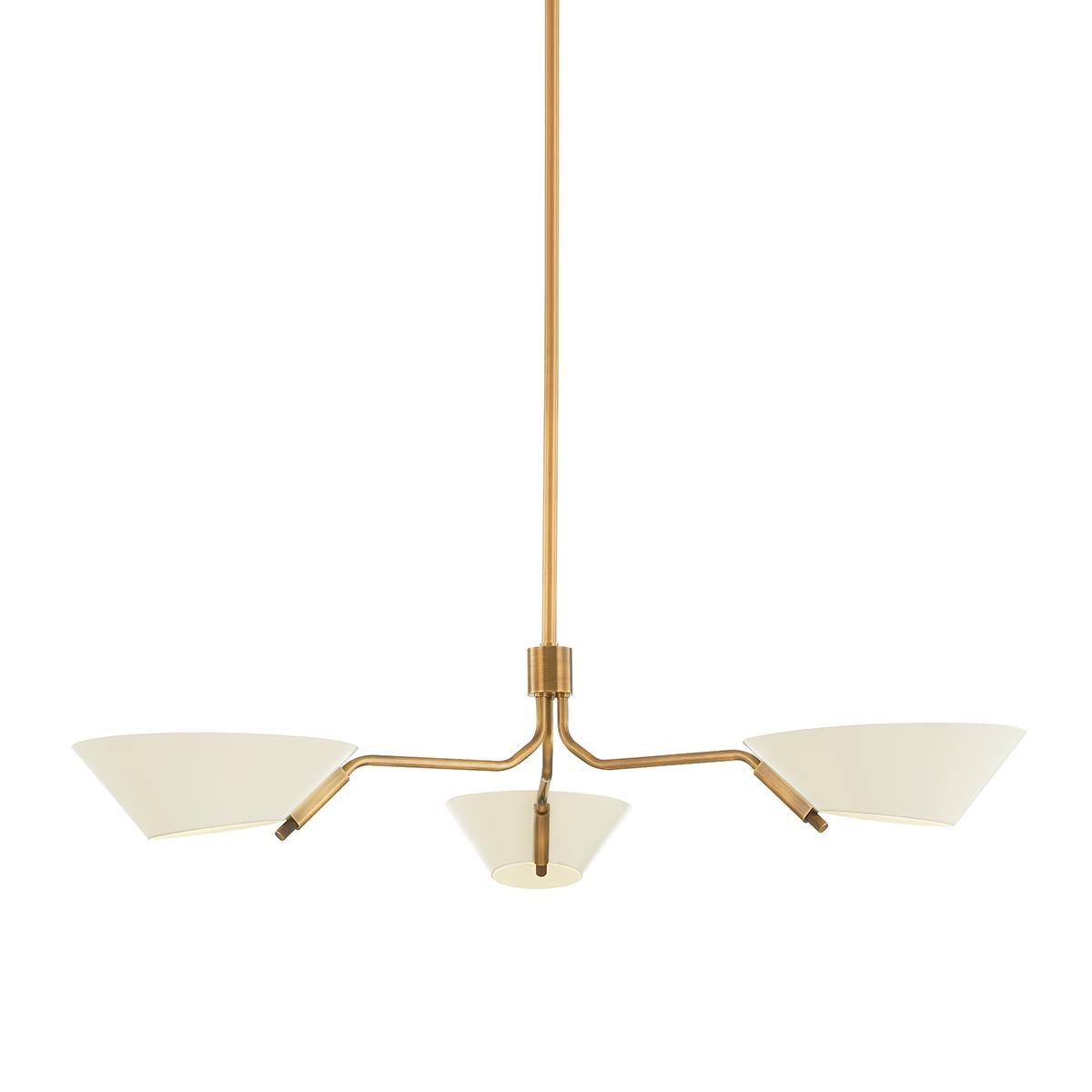 Sacramento chandelier with patina brass arms and three soft sand cone-shaped metal shades.