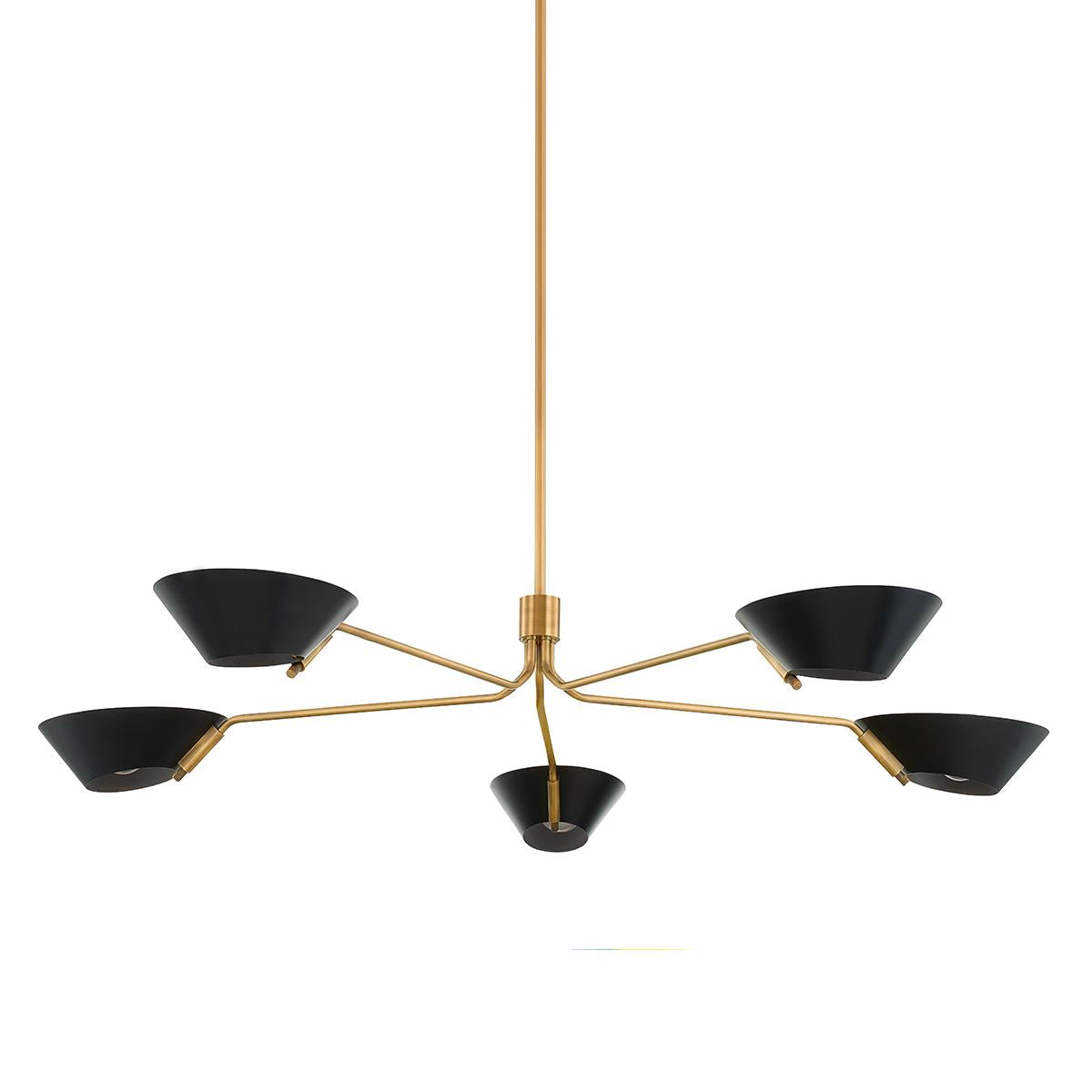 Sacramento chandelier with brass arms and five cone-shaped soft black metal shades.