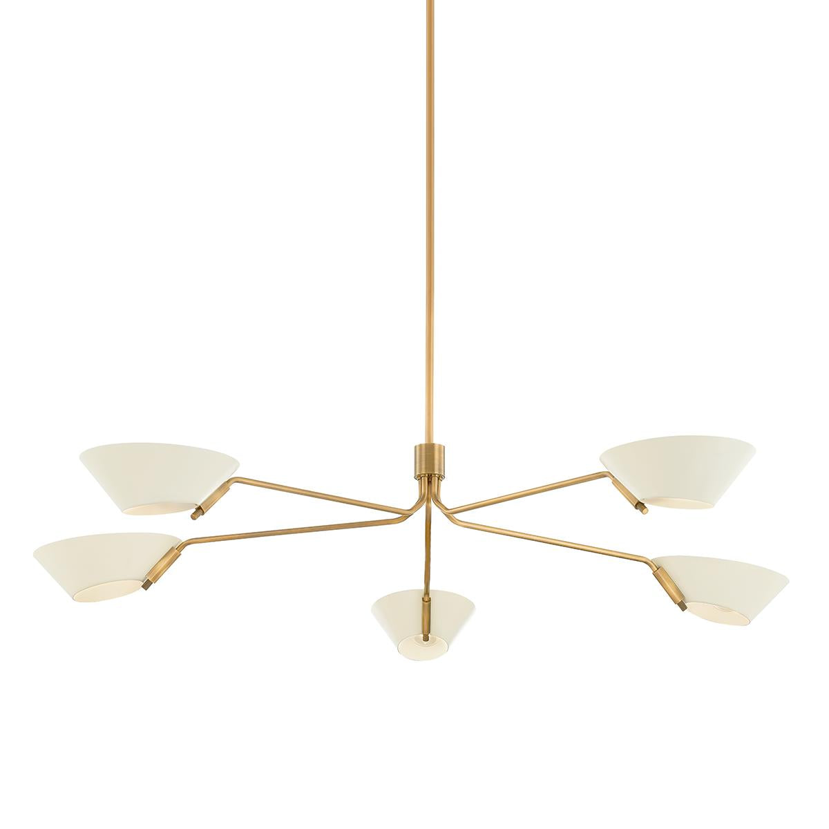 Sacramento brass chandelier with five sweeping arms and soft sand tapered metal shades.