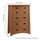 Fairfax 6-drawer cherry wood chest in Craftsman style with dimensions.