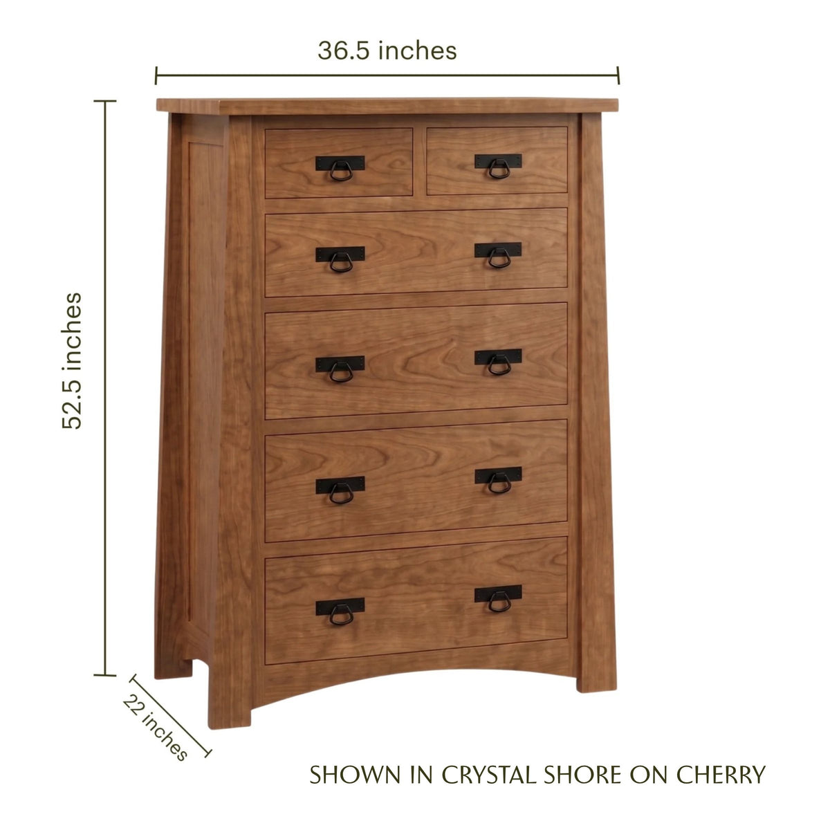 Fairfax 6-drawer cherry wood chest in Craftsman style with dimensions.