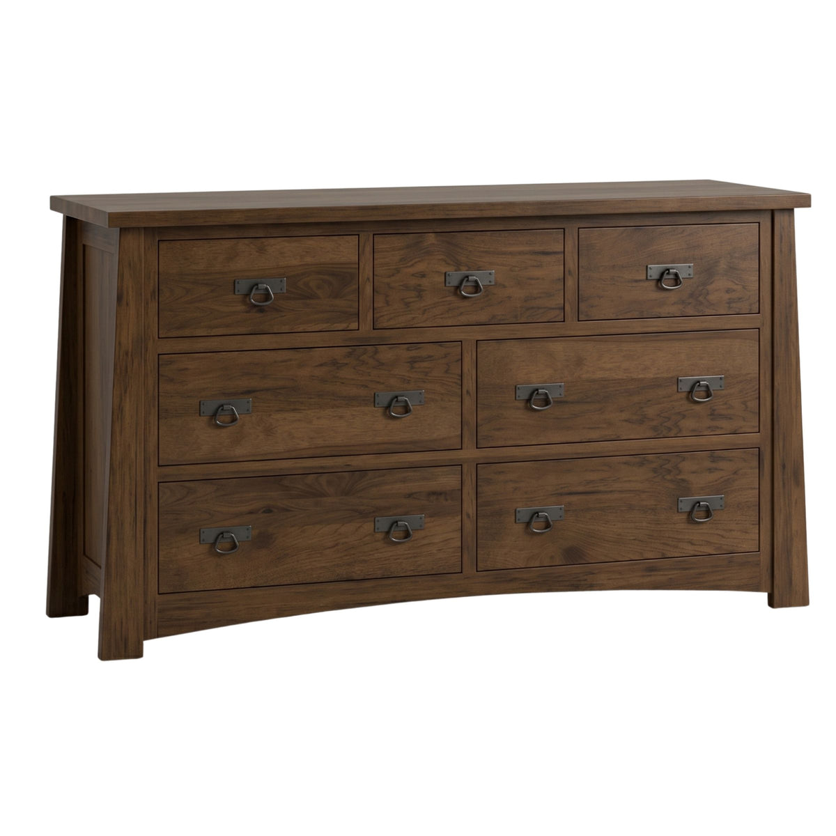 Fairfax 7-drawer dresser in dark brown solid hardwood with craftsman style metal hardware.