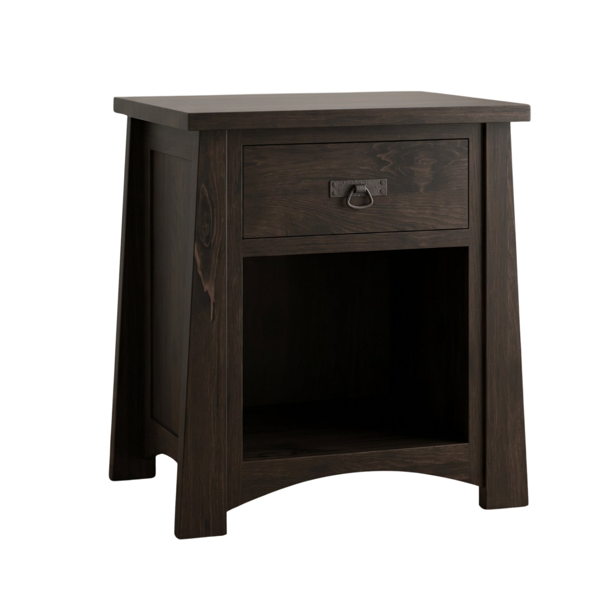 Fairfax dark brown solid wood nightstand with one drawer and an open shelf.