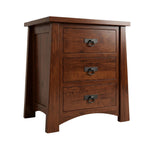 Fairfax solid hardwood nightstand with three drawers and dark metal ring pulls.