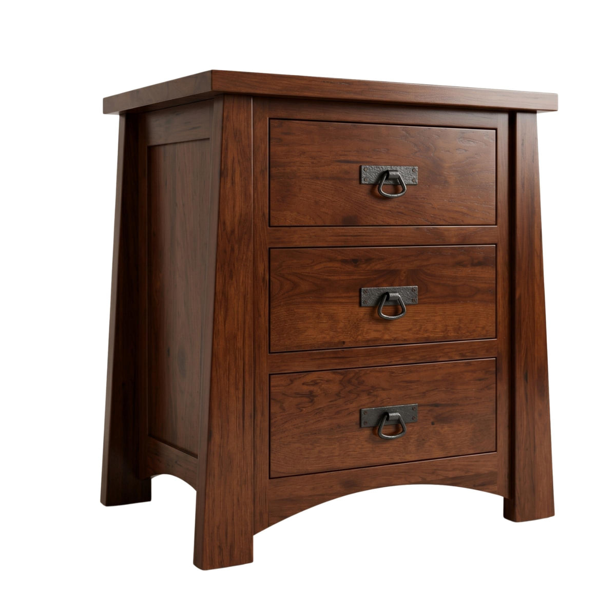 Fairfax solid hardwood nightstand with three drawers and dark metal ring pulls.