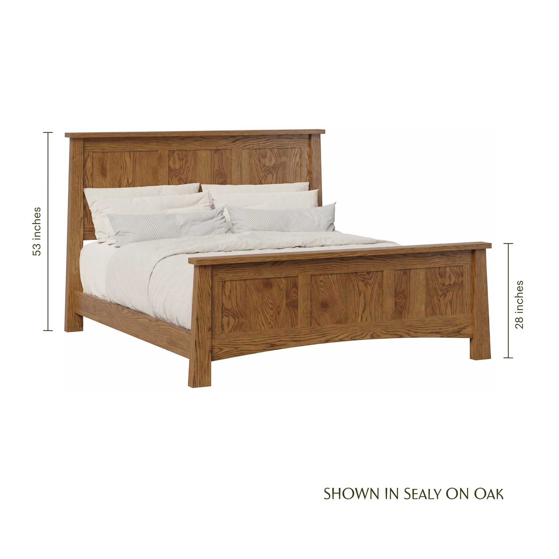 Fairfax solid oak panel bed in a warm brown Sealy finish with dimensions.
