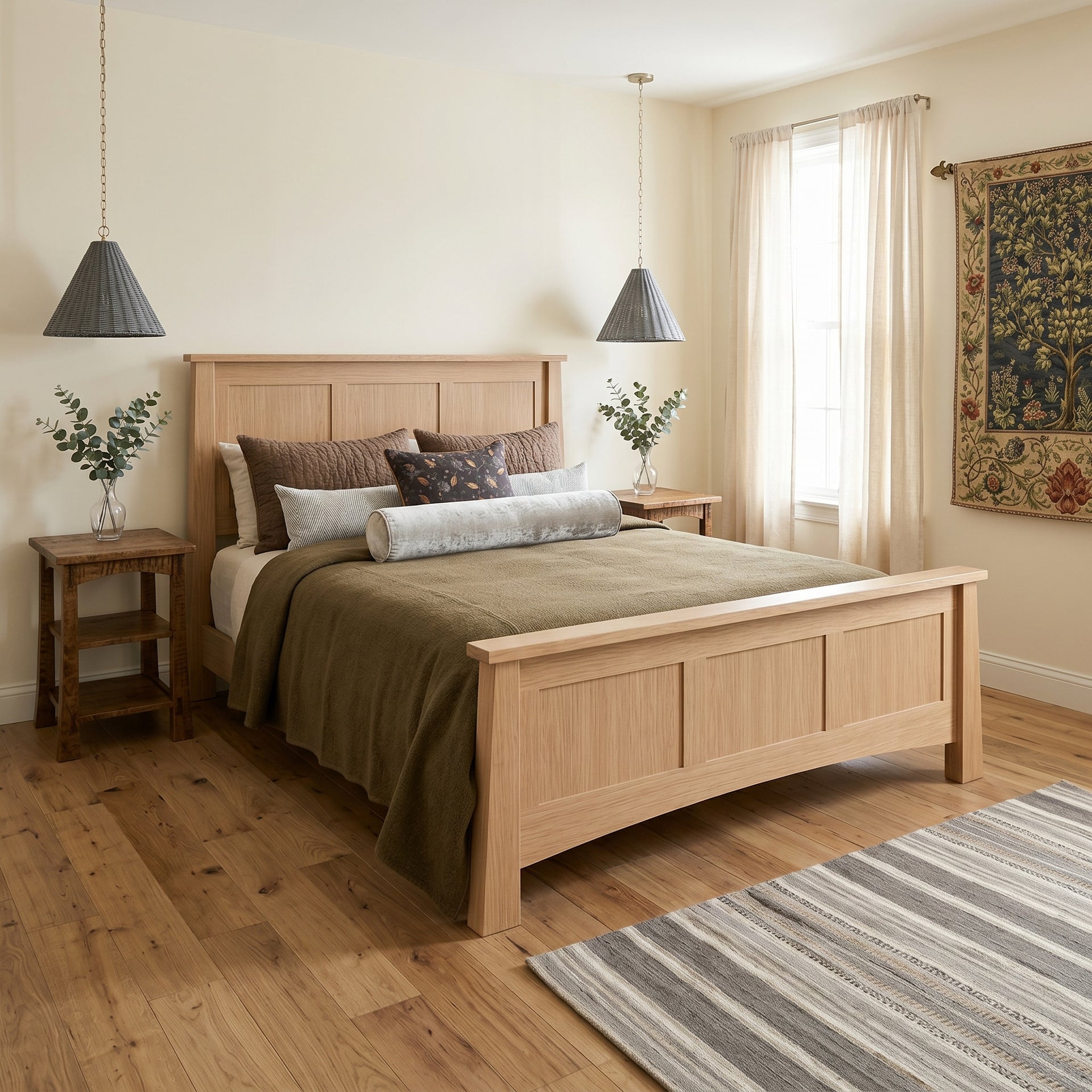 Fairfax light oak Craftsman panel bed with green and brown bedding in a rustic bedroom.