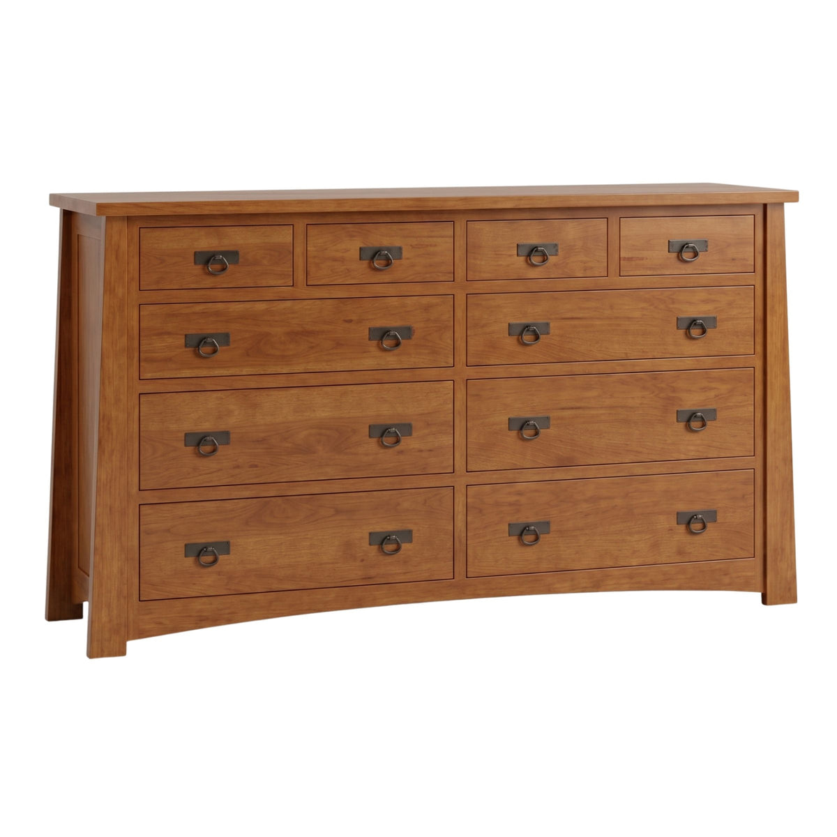 Fairfax tall cherry wood dresser with ten drawers and dark metal ring pulls.