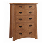Fairfax Craftsman-style 6-drawer chest in warm brown solid hardwood with black metal pulls.