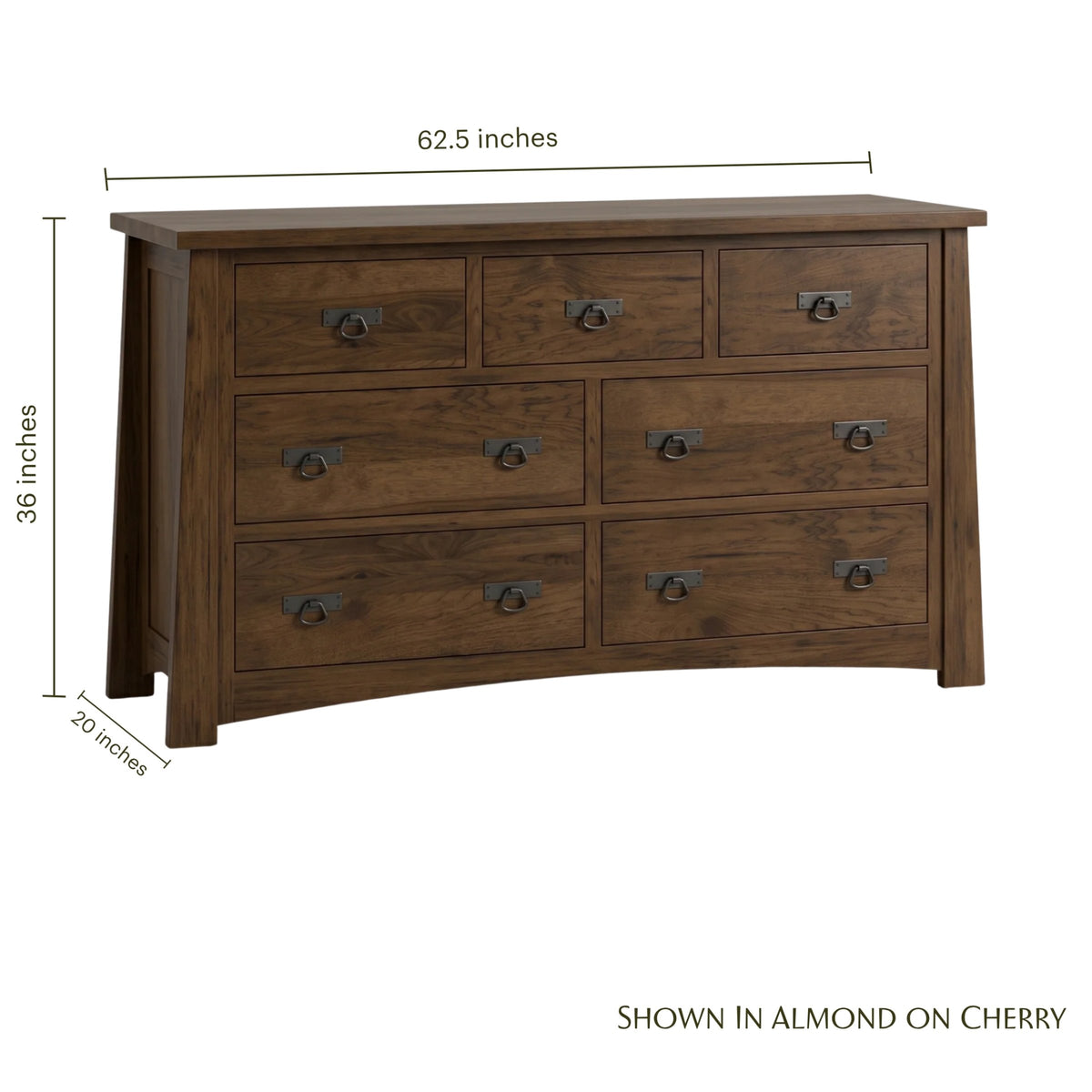 Fairfax 7-drawer craftsman dresser in almond on cherry wood with dimensions.