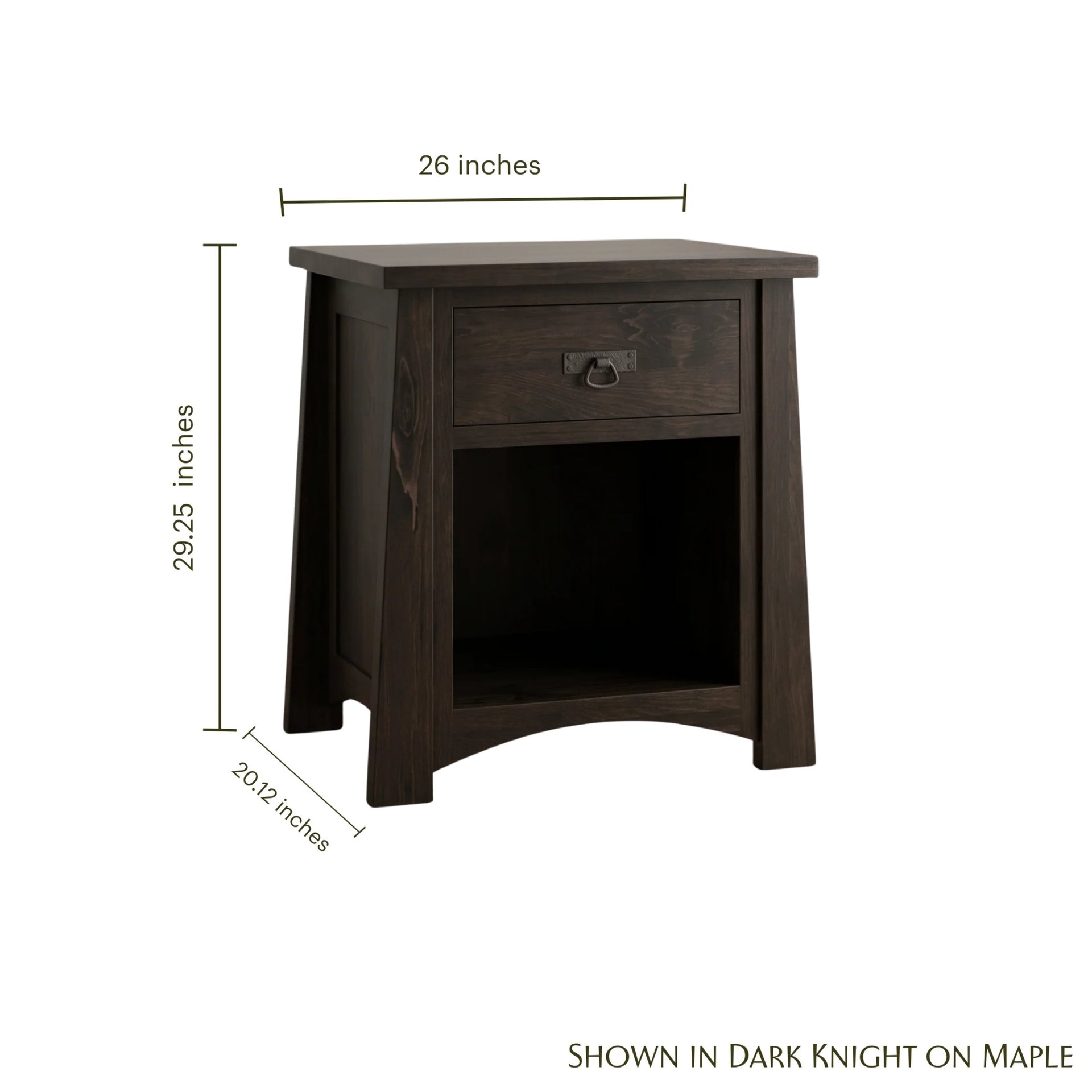 Fairfax dark knight maple nightstand with dimensions, drawer, and open shelf