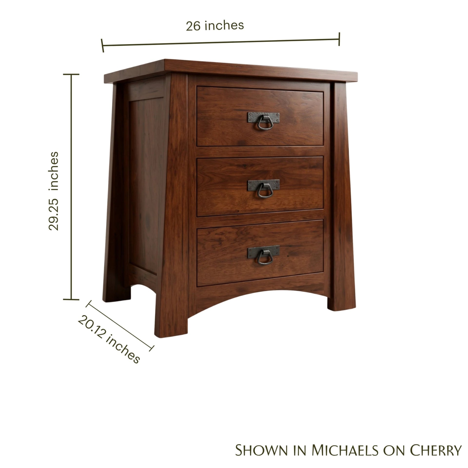 Fairfax 3-drawer solid cherry wood nightstand with dimensions shown on a white background.