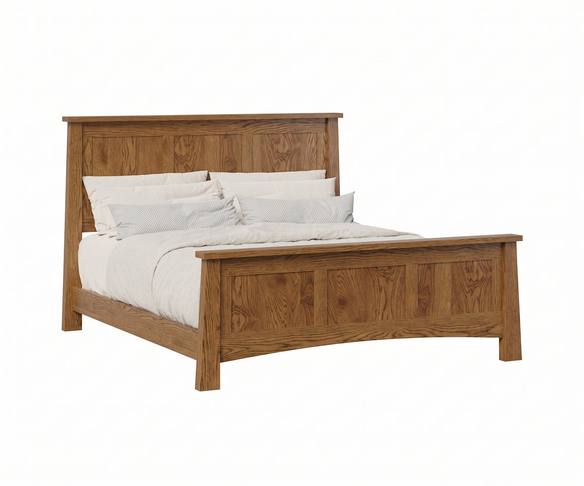 Fairfax Craftsman-style solid hardwood panel bed in a warm oak finish with white bedding