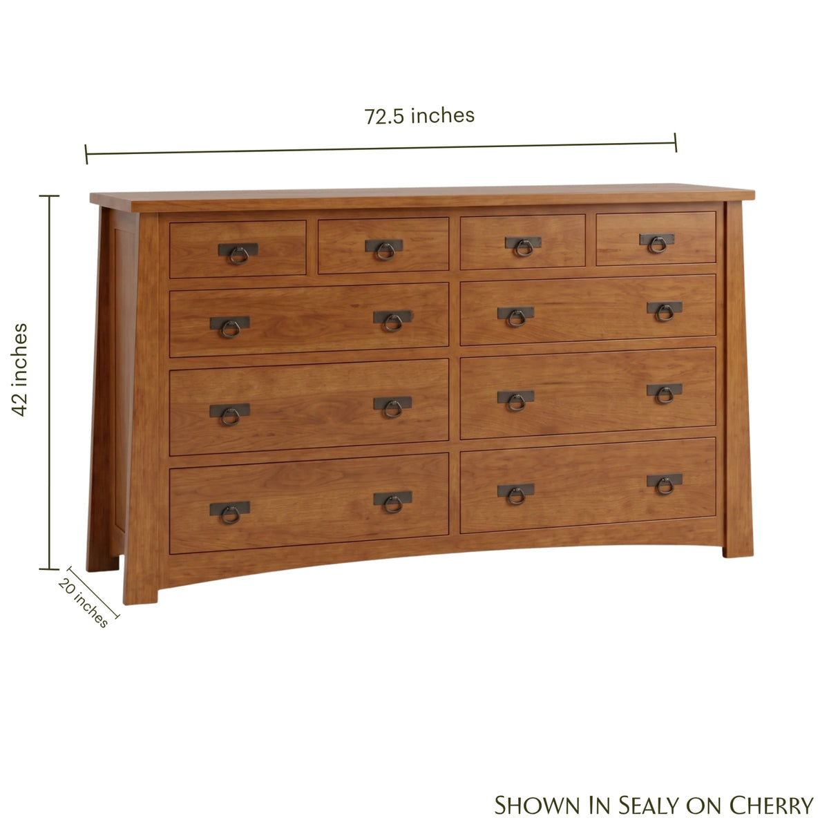 Fairfax tall cherry wood dresser with dimensions and craftsman hardware